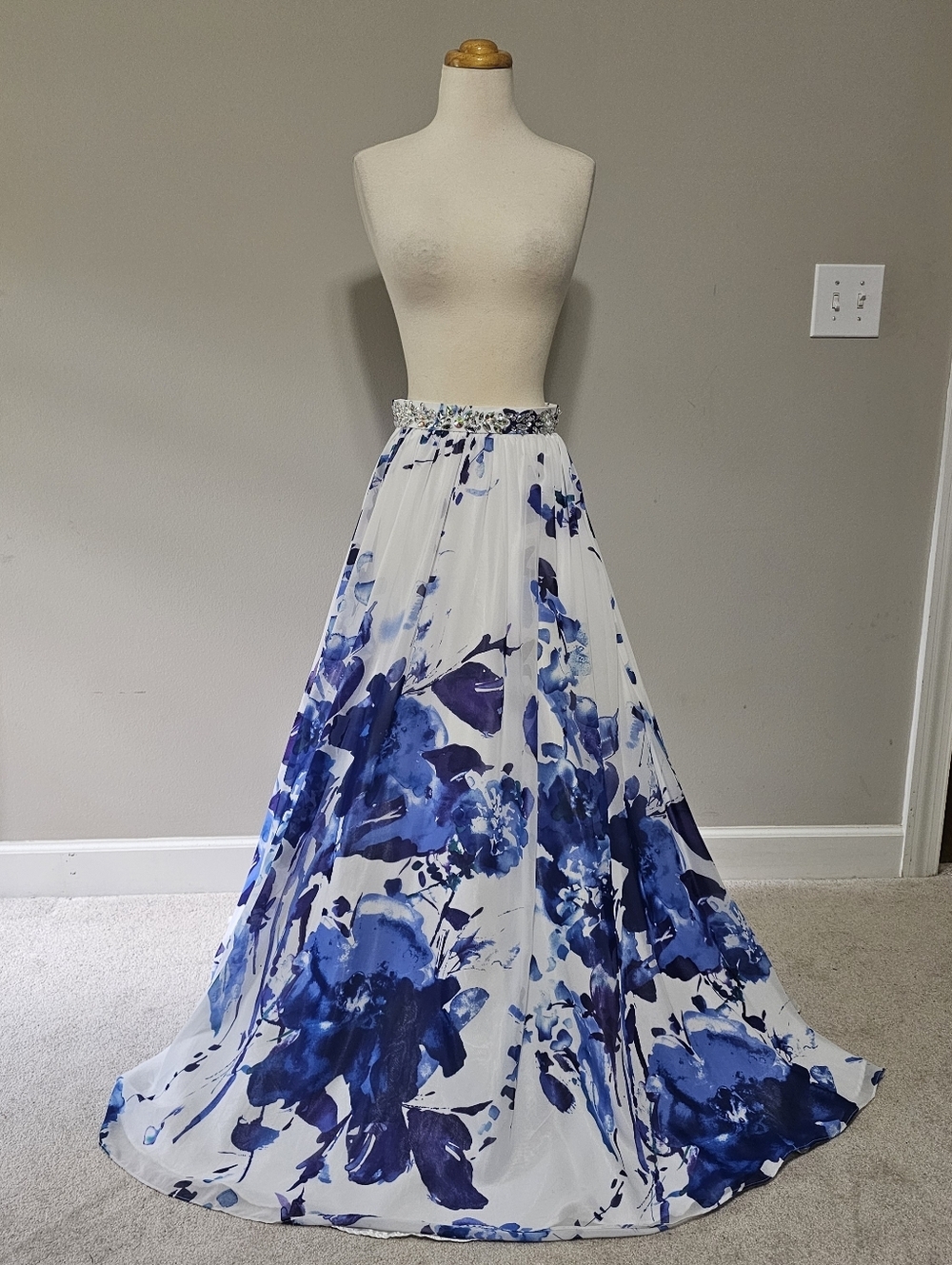 Vtg Masquerade Y2K Floral Maxi Skirt Blue White Jeweled Waist Prom Formal Small